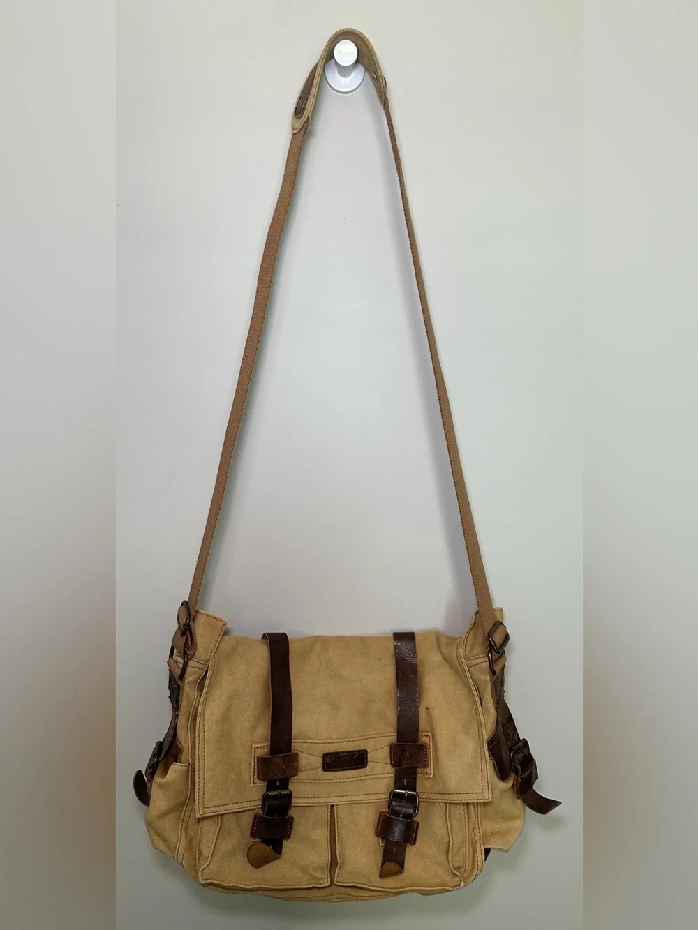 Canvas & Leather Messenger Bag Khaki Brown Crossbody Tab Brown Pockets Zip